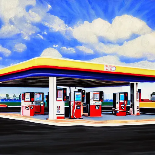 Prompt: vaporwave painting of a gas station in the 50s, digital art