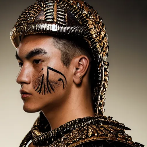 Image similar to a portrait of a beautiful young maori male wearing an alexander mcqueen armor , photographed by andrew thomas huang, artistic