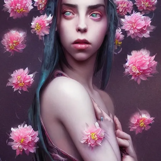 Image similar to billie eilish expressive full body photo, of beautiful angel, smooth glowing skin, ornate headpiece made from pink flowers, glamour shot, by yoshitaka amano, by greg rutkowski, by jeremyg lipkinng, by artgerm, digital art, octane render