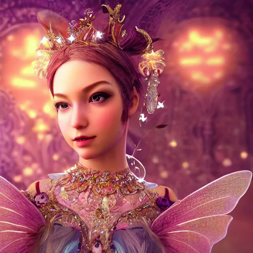 Prompt: portrait of fairy princess, glowing, ornate and intricate jewelry, jaw dropping beauty, glowing background lighting, white accent lighting, hyper detailed, fairy tale, 4 k octane render