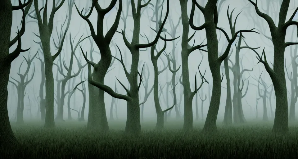 Image similar to a 3d render of a creepy foggy forest with twisted trees, by pixar and tim burton