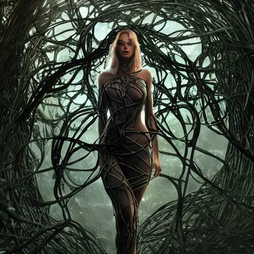 Image similar to a highly detailed digital image of a shattering futuristic woman elegantly tangled in vines, by Andrew Chiampo, artstation, and Frederik Heyman, extremely detailed woman, stunning volumetric lighting, hyper realism, fantasy 4k,