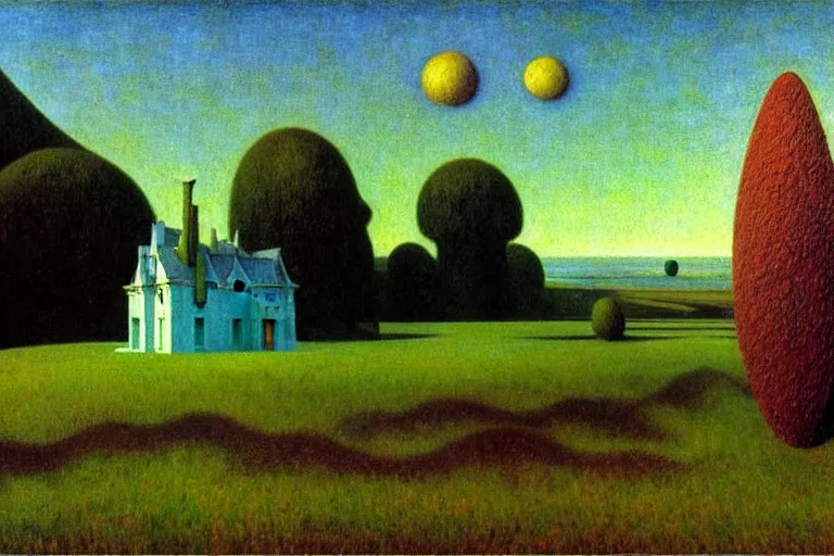 Prompt: realistic detailed landscape painting a single edward hopper house in a plain field, single ufo in the sky, futuristic sci-fi forest on background by Jean Delville, Amano, Yves Tanguy, Alphonse Mucha, Ernst Haeckel, Edward Robert Hughes, Roger Dean, rich moody colours, blue eyes