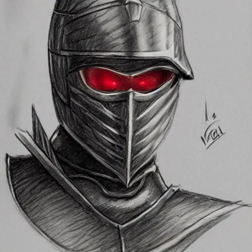 Prompt: a very elegant sketch of fantasy knight and wizard hat mixture, medieval armor, pointy, the red eyes glow coming through the metal helmet, a mixture of pen and pencil, white and black, master of art