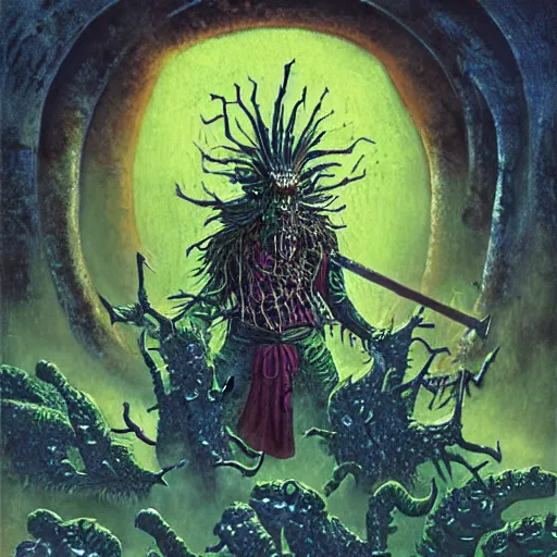 Image similar to Artwork by Tim White of The Chitine King Hian the Demigod, master of Ice, and their hateful haunting of steam mephits and horrifying balors, who plan to take revenge on the party for a perceived wrong done to them long ago.