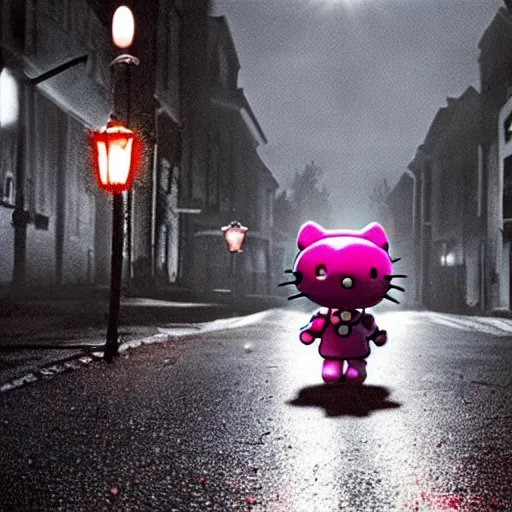 Prompt: film still of a monstrous creature shaped like a hello kitty crawling on an empty street beneath a lamp, grainy, horror movie, creepy, eerie, dark, great cinematography, amazing lighting, old, found footage, grainy, directed by scott derrickson