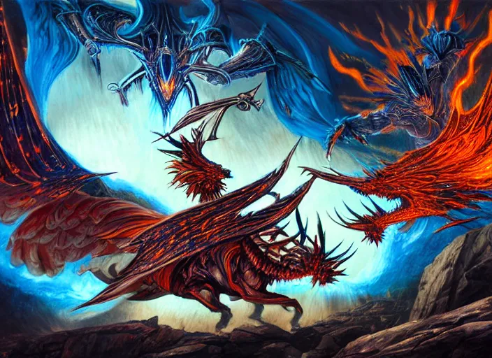 Image similar to dynamic futuristic bibilical depiction battle scene of aggressive winged silver warriors with fire crowns against final boss, d & d, muscular! crossfit, fitness, tight wrinkled cloath, vivid color scheme, atmospheric perspective, fantasy, intricate, elegant, highly detailed, digital painting, smooth, sharp focus, art by ed emshwiller and jesper ejsing