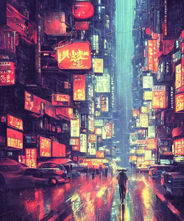 Image similar to insane perspective of street upvue from neo tokyo with a big red robot waiting,, humid ground, artstation, art by françois schuiten, disney fantasy style, blade runner rainy mood, people and creatures walking holding neon ombrellas, volumetric light, neon lights, bokeh light from top, science fiction elements, lampposts, rainy mood