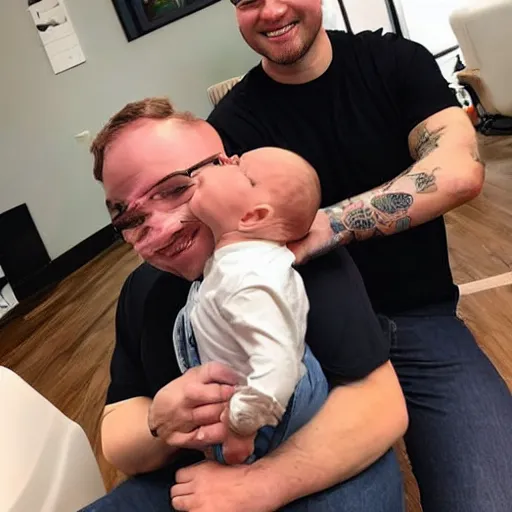 Image similar to a photo of a white man with a mid fade haircut that is happy with his 3 month year old baby boy.