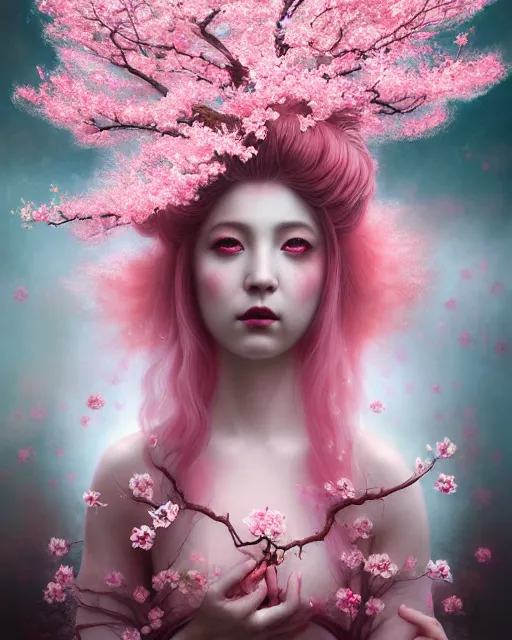 Prompt: Full View Portrait Mystical ethereal Cherry Tree deity made of Sakura blossoms wearing beautiful dress, Sakura Dryad made of Sakura beautiful dress with pink hair, 4k digital masterpiece by Tom Bagshaw and Alberto Seveso, in the style of Ruan Jia, fantasycore, Hyperdetailed, realistic oil on linen, soft lighting, Iconography background, featured on Artstation