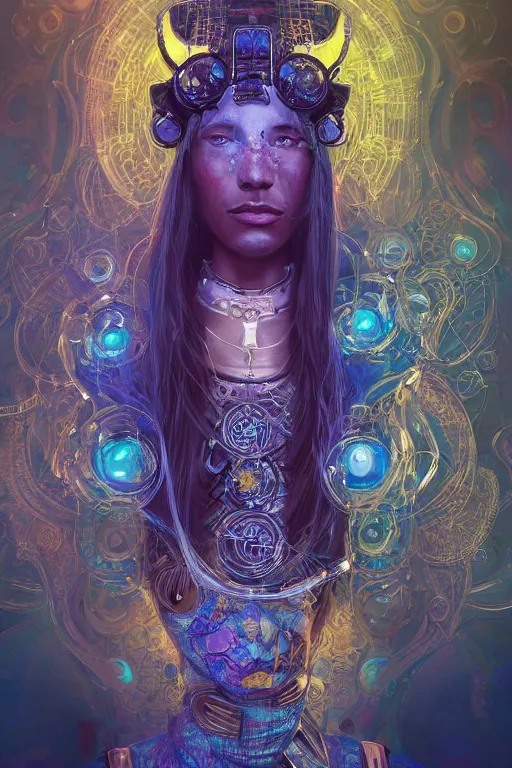 Prompt: Portrait of a psychedelic sci-fi shaman, third person, D&D, sci-fi fantasy, intricate, blue and gold, highly detailed , art by Range Murata, highly detailed, 3d, octane render, bright colors, digital painting, trending on artstation, sharp focus, illustration style of Stanley Artgerm,