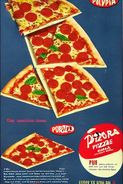 Prompt: pizza advert, from the 6 0 s, print on magazine