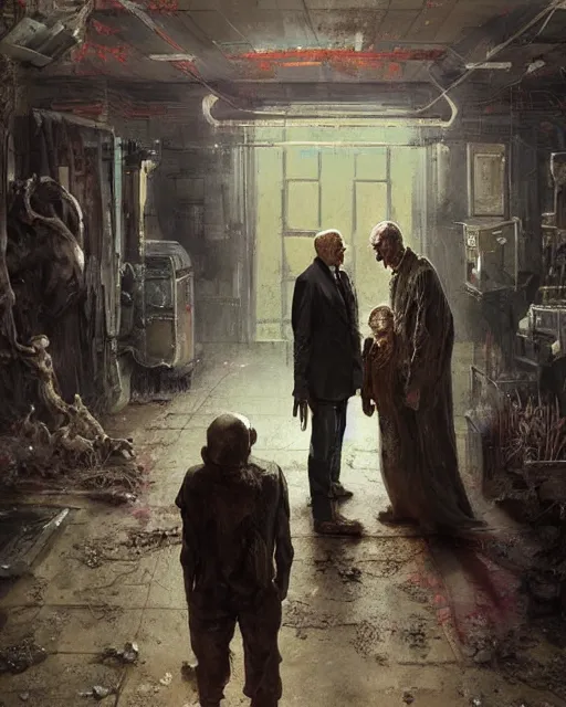 Image similar to a highly detailed epic cinematic concept art CG render digital painting artwork: old dead couple at a decayed gas station surrounded by dark figures. volumetric lighting. By Greg Rutkowski, in the style of Francis Bacon and Syd Mead and Norman Rockwell and Beksinski, open ceiling, highly detailed, painted by Francis Bacon and Edward Hopper, painted by James Gilleard, surrealism, airbrush, Ilya Kuvshinov, WLOP, Stanley Artgerm, very coherent, triadic color scheme, art by Takato Yamamoto and James Jean