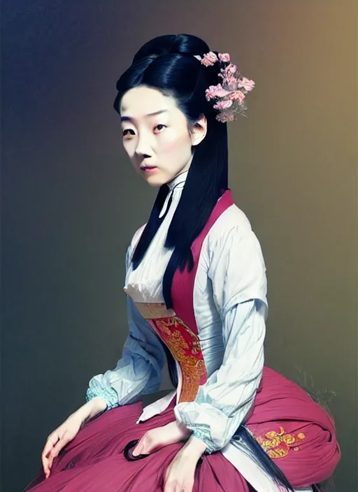 Image similar to a portrait of a young chinese woman in victorian clothing, confident pose, intricate, elegant, sharp focus, illustration, highly detailed, concept art, matte, trending on artstation, anime, art by james jean and artgerm and brian despain and alberto mielgo, greg rutkowski, wlop, ilya kuvshinov, strong strokes