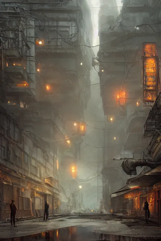 Image similar to a highly detailed matte painting of a soviet steampunk industrial zone in lightning storm and heavy rain by studio ghibli, makoto shinkai, by artgerm, by wlop, by greg rutkowski, volumetric lighting, octane render, 4 k resolution, trending on artstation, masterpiece