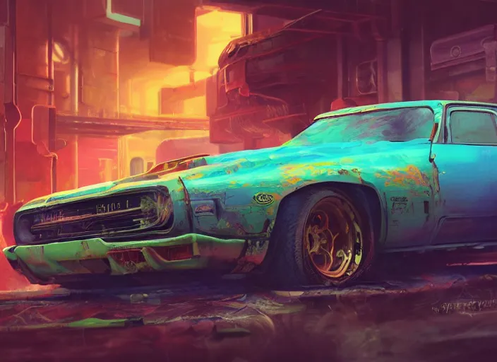 Image similar to detailed concept art illustration colorful pastel painting of a retro cyberpunk muscle car in full intricate detail, ultra detailed, digital art, octane render, 4K, dystopian, micro details