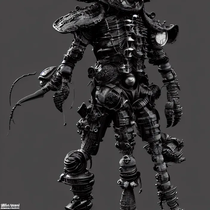 Prompt: a character in a planet by nihei tsutomu, dramatic black and white, steampunk obsidian dark black armor, highly detailed, 3 d render, vray, octane, realistic lighting