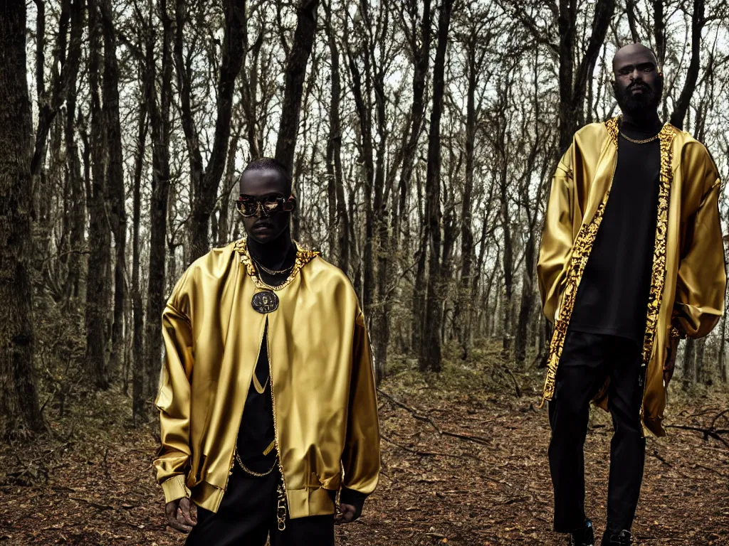 Prompt: versace avant garde male super oversized jacket gold necklace textiles streetwear cyberpunk african american black skin shaved head trimmed beard in the woods overcast late evening dramatic professional color 8 k hdr