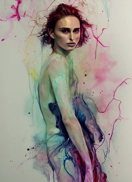 Image similar to nathalie portman full body by agnes cecile, pastel light colours, ink drips, autumn lights