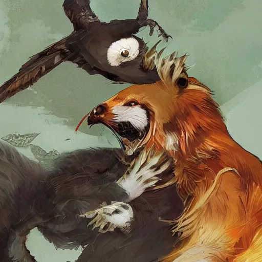 Prompt: anthropomorphic crow and red panda in a cafe, highly detailed, digital painting, artstation, concept art, smooth, sharp focus, illustration, art by artgerm and greg rutkowski and alphonse mucha