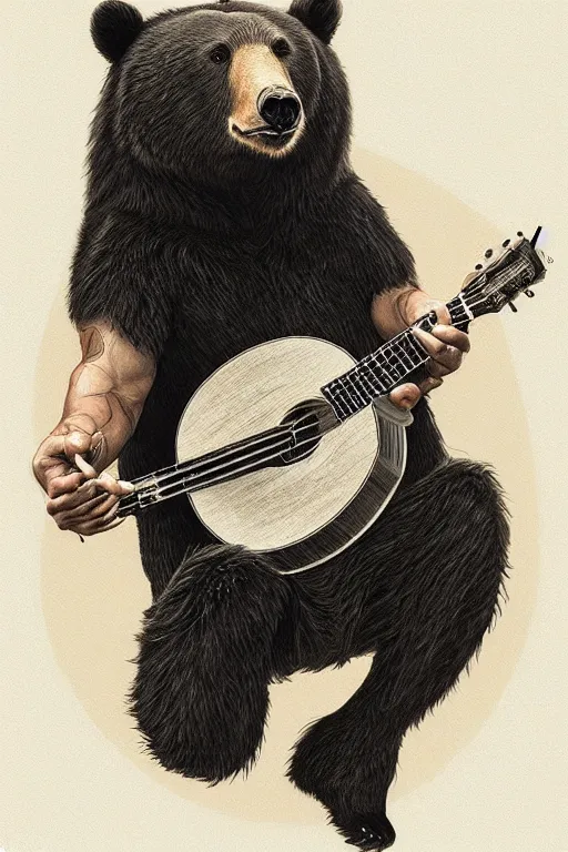 Image similar to realistic bear playing triangular body of ukulele, realistic portrait, symmetrical, highly detailed, digital painting, artstation, concept art, smooth, sharp focus, illustration, cinematic lighting, art by artgerm and greg rutkowski and alphonse mucha