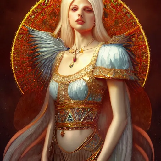 Image similar to A beautiful digital painting of a female Seraphim full of jewels, princess, the moon behind her, intricate, cinematic lighting, highly detailed, digital painting, Artstation, concept art, smooth, sharp focus, illustration, art by Tom Bagshaw, Artgerm and Greg Rutkowski