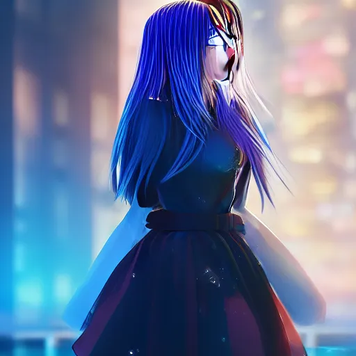 Image similar to a teenage anime android girl wearing a very high intricate detailed dress made out of water standing in a crystal clear lake with a neon lit futuristic city in the background::full body::very long black + red hair::left eye is yellow + right eye is glowing red::heterochromatic eyes::intense stare::cinematic lighting::medium shot::MCU::trending on artstation::CSP + Photoshop::WLOP + Rossdraws + James Jean + Andrei Riabovitchev + Marc Simonetti + Anastasia Ovchinnikova + Véronique Meignaud + BEN MAIER + Sakimichan