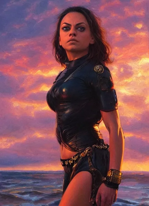 Image similar to Mila Kunis wearing black choker, epic portrait of a very strong muscled Amazon heroine, sun beams across sky, pink golden hour, stormy coast, intricate, elegance, highly detailed, shallow depth of field, epic vista, concept art, art by Artgerm and Donato Giancola, Joseph Christian Leyendecker