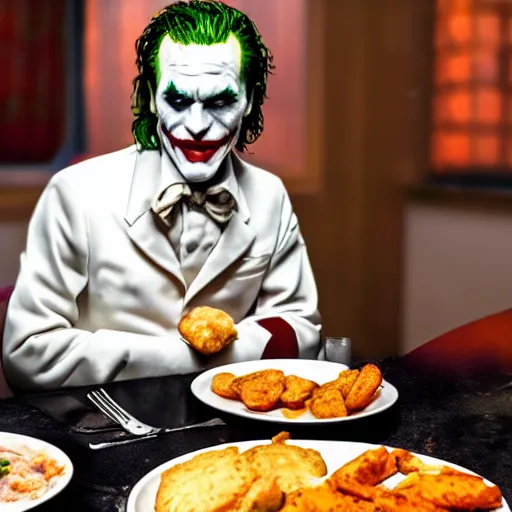 Prompt: cinematic shot of the joker sitting at a table in front of a plate of chicken and biscuits and gravy, 8 k, very detailed, very intricate,