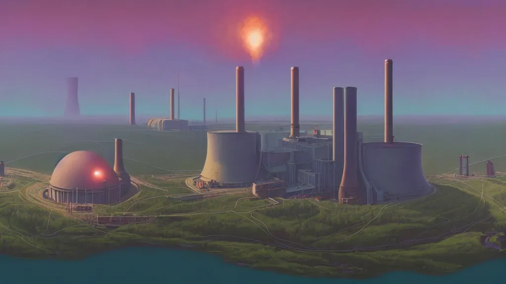 Image similar to A nuclear power plant in utopia by Simon Stålenhag and J.M.W. Turner, oil on canvas; Nuclear Fallout, Art Direction by Adam Adamowicz; 4K, 8K Ultra-Realistic Depth Shading; Epic 4k dream drone shots