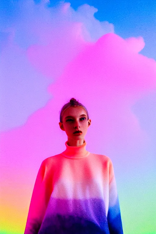 Image similar to high quality pastel coloured film close up wide angle photograph of a model wearing clothing resting on cloud furniture in a icelandic black rock!! environment in a partially haze filled dreamstate world. three point light, rainbow. photographic production. art directed. pastel colours. volumetric clouds. pastel gradient overlay. waves glitch artefacts. extreme facial clarity. 8 k. filmic.