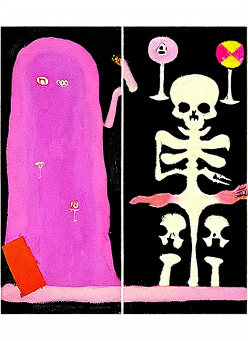 Image similar to pixel decollage painting tarot death card composition pink haired skeleton chef cook in a medieval crowded kitchen, painted by mark rothko, helen frankenthaler, danny fox and hilma af klint, pixelated, expressionism