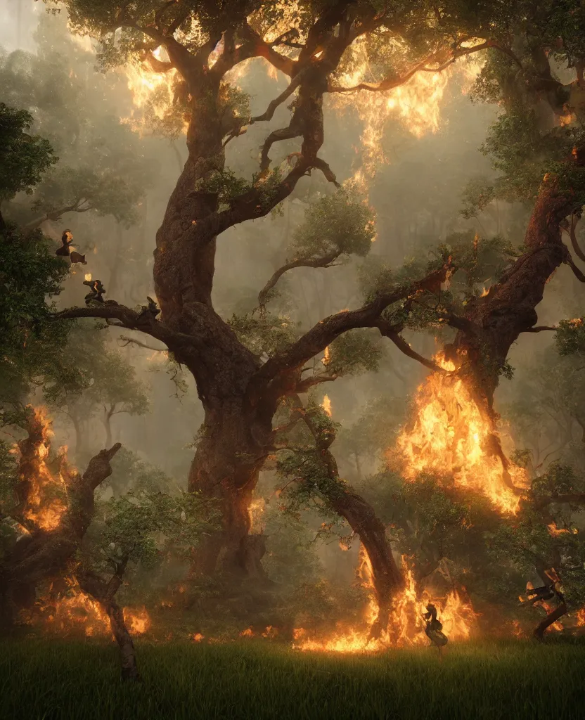 Prompt: sacred giant tree burning, fairies dancing around it, epic painting, extremely detailed, octane render, 8 k