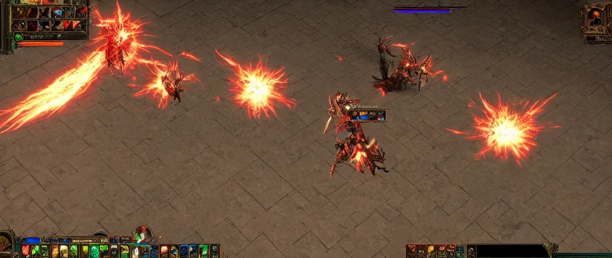 Image similar to path of exile, maven fight, resurrect in town