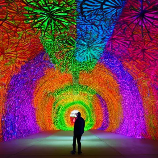 Image similar to a man standing in a tunnel with a colorful background, an abstract sculpture by huang ding, featured on dribble, interactive art, made of insects, biomorphic, irridescent