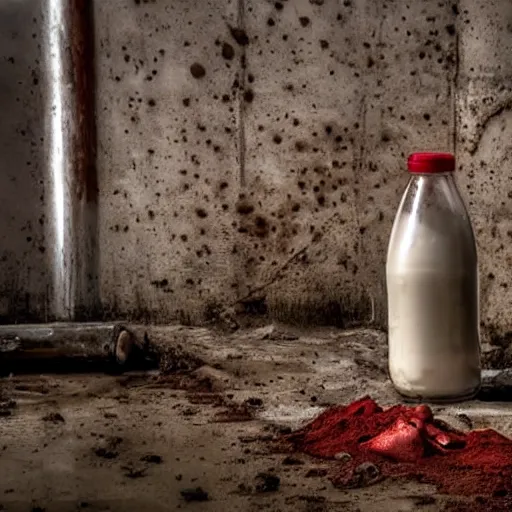 Prompt: dirty bottle of milk and a cow inside rusted slaughterhouse