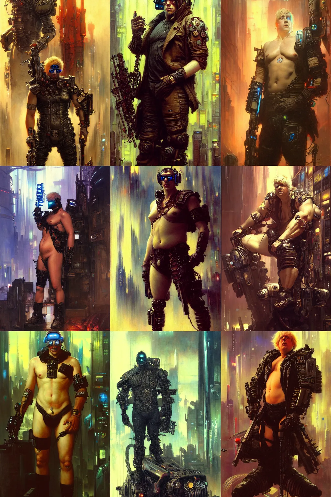 Prompt: cyberpunk, boris johnson, character design, painting by gaston bussiere, katsuya terada, frank frazetta, tom of finland, trending on artstation