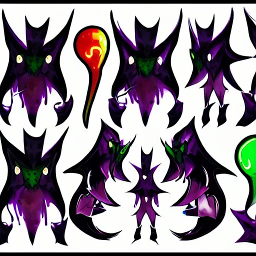 Image similar to character design sheets for a new sinister vampire squid character, artwork in the style of splatoon from nintendo, art by tim schafer from double fine studios, black light, neon, spray paint, punk outfit, tall thin toothpick like frame, adult character, fully clothed, color explosion, spray paint, colorful, gothic rainbow, sparkles and glitter, pop art