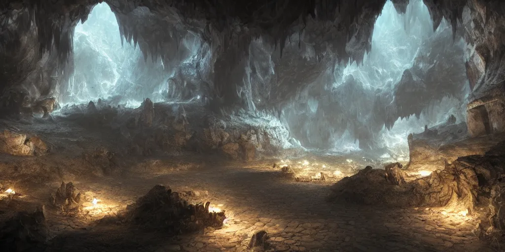 Image similar to beautiful matte painting of a cave with glowing crystals on the walls and bone piles on the floor, fantasy, sharp focus, artstation