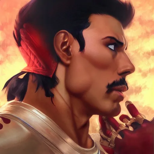 Prompt: ultra realistic freddy mercury as ryu from street fighter, portrait, 4 k, ultra realistic, detailed focused art by artgerm and greg rutkowski and alphonse mucha