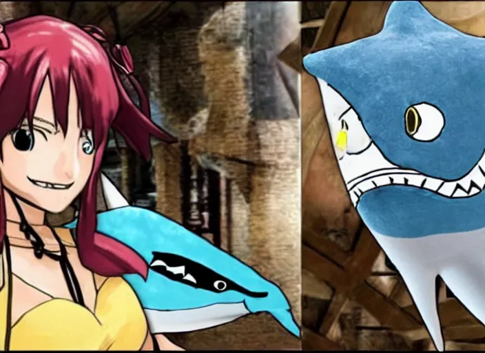 bridget from guilty gear finds a blue shark plush in a, Stable Diffusion