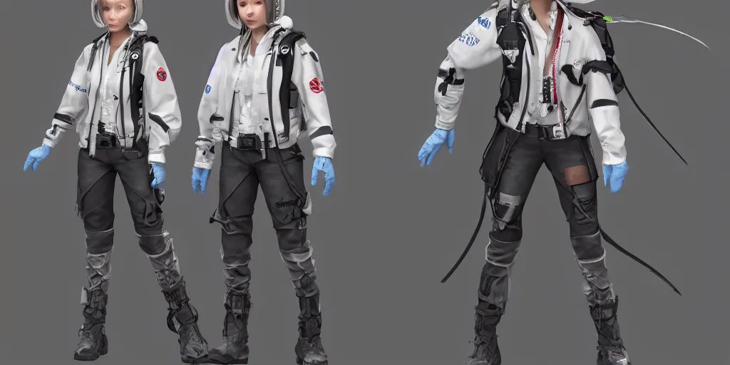 Prompt: A woman in scientist jacket with a system of straps and pouches for collecting material by Tetsuya Nomura with Ralph Horsley and Mario Testino, trending on artstation and pixiv clean sci-fi concept art and sheet that using unreal engine 5 renders and hyper detailed textures with cinematic light