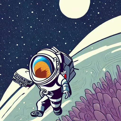 Image similar to colorful pixar, mcbess illustration, an astronaut drifting through space