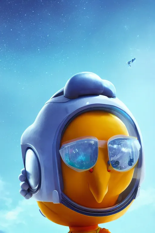 Prompt: a lonely chicken wearing a space suit without helmet in a alien planet, profile picture, digital art, concept art, trending on DeviantArt, highly detailed, high quality, 4K, cartoon, high coherence, path traced, blue sky in the background, octane render, digital painting, no helmet, masterpiece