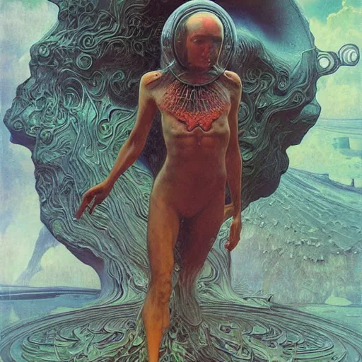 Image similar to space nomad by zdzisław beksinski, iris van herpen, raymond swanland and alphonse mucha. highly detailed, hyper - real, beautiful