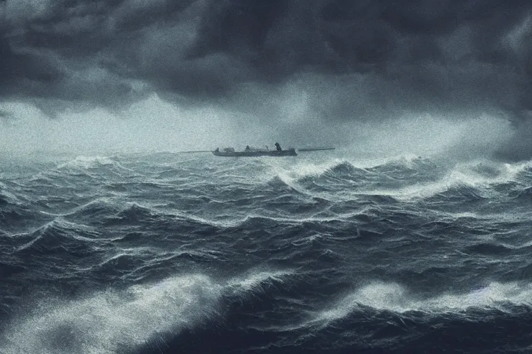 Image similar to merchant ship fleet in a storm, in the style of vernon grant and chris van allsburg, raging stormy sea, trending on artstation, bright tilt - shift camcorder effect, photoshop, retrowave, hyperrealism, octane, sharp focus, masterpiece