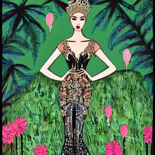 Image similar to zuhair murad gown fashion illustration by eko nugroho, jungle background, fine detail