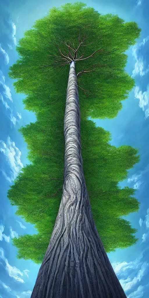 Prompt: a tree with an extremely long thin trunk and ( single massive round canopy ), taller than a skyscraper, viewed from below, perspective, fantasy digital painting by artgerm and leyendecker, surreal, photorealistic