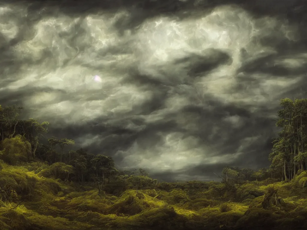 Image similar to detailed landscape, forests. very detailed dark super storm, hyper realistic clouds, impressive, magical, very atmospheric, smoke boiling, cinematic, deep, very high complexity, stunning, masterpiece, chiaroscuro, in the style of caspar david friedrich and laura den hertog and michael creese, very detailed. 4 k