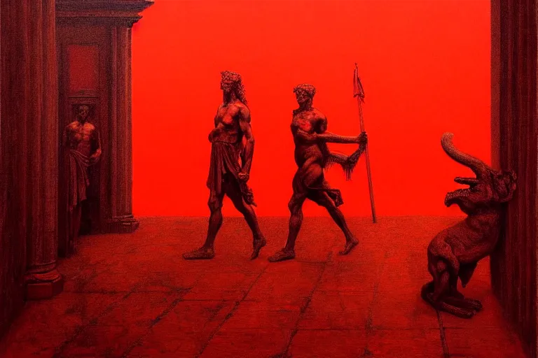 Image similar to only with red, caesar after war, a red tiger, in hoc signo vinces, rome in background, an ancient path, in the style of beksinski, part by hopper, part by rodcenko, part by hofbauer, intricate composition, red by caravaggio, insanely quality, highly detailed, masterpiece, red light, artstation